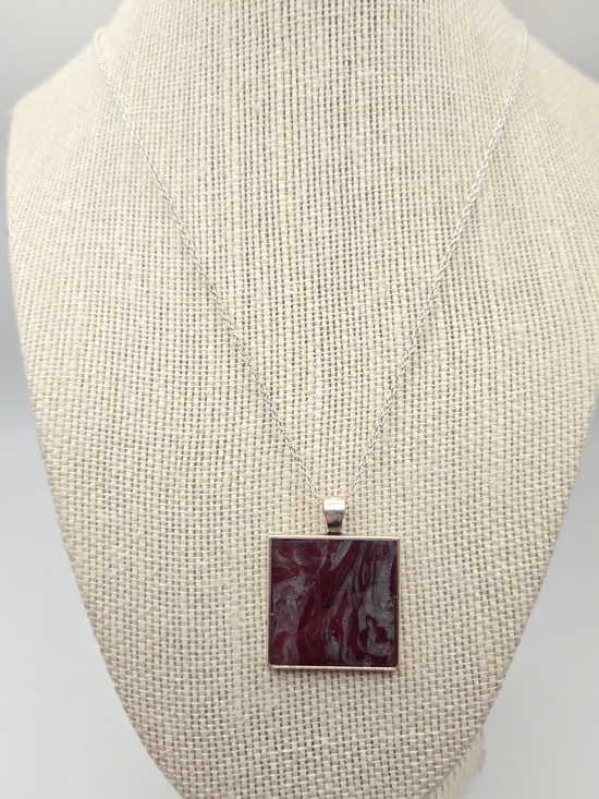 Erins Lovely Creations Jewelry - #314- Marbled Burgundy Square Pendant Necklace - Women Jewelry